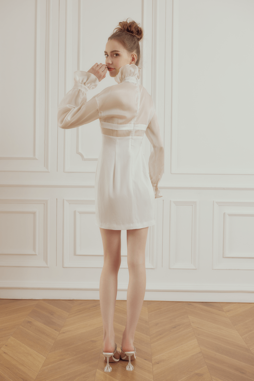 Flared Turtleneck Organza Dress in White - LEDAIR