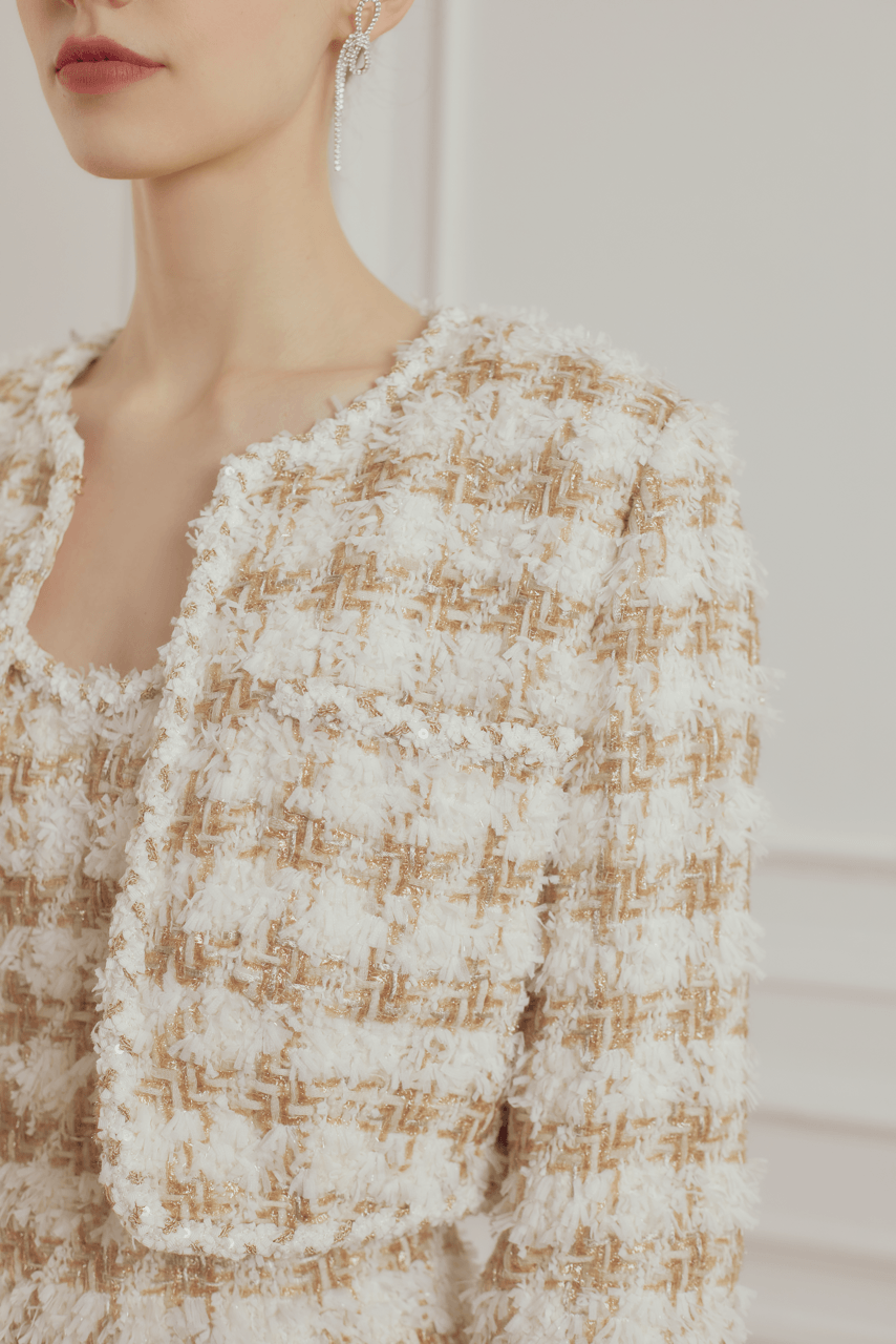 LEDAIR Embroidery-Trimmed Tweed Cropped Jacket - LEDAIR
