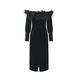 Suzette Off-Shoulder Feather-Trim Velvet Gown - LEDAIR