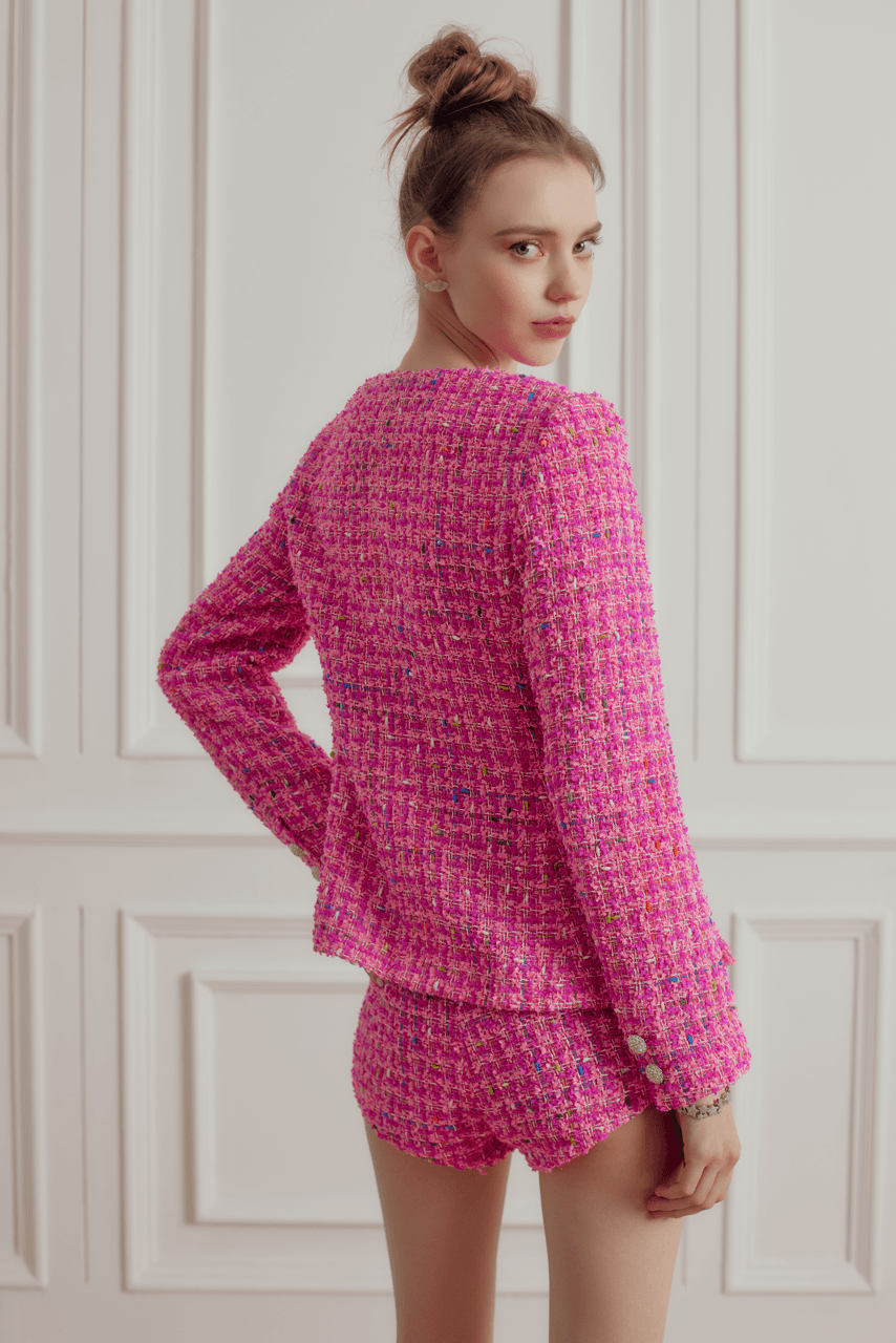 Tweed-Bouclé Square Neck Jacket in Pink - LEDAIR