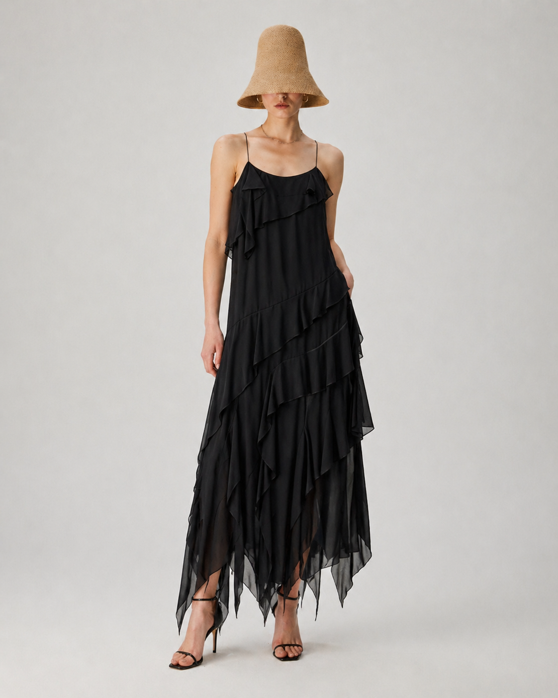 Black Ruffle Chiffon Maxi Dress