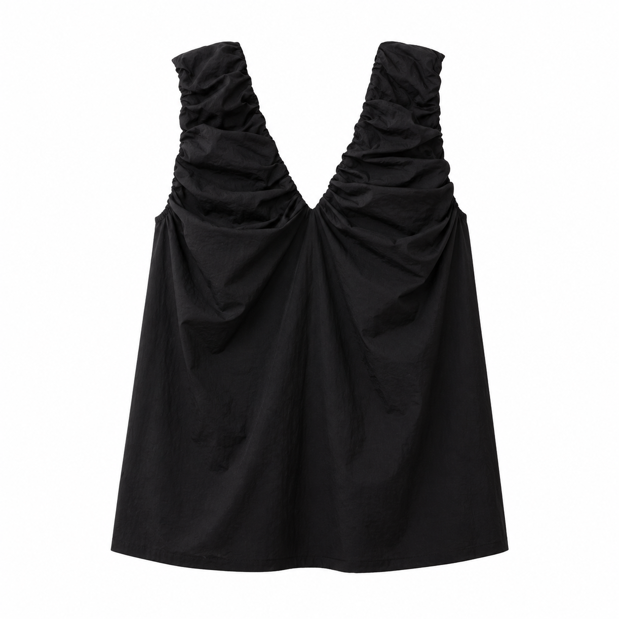 Black dress with ruched straps.