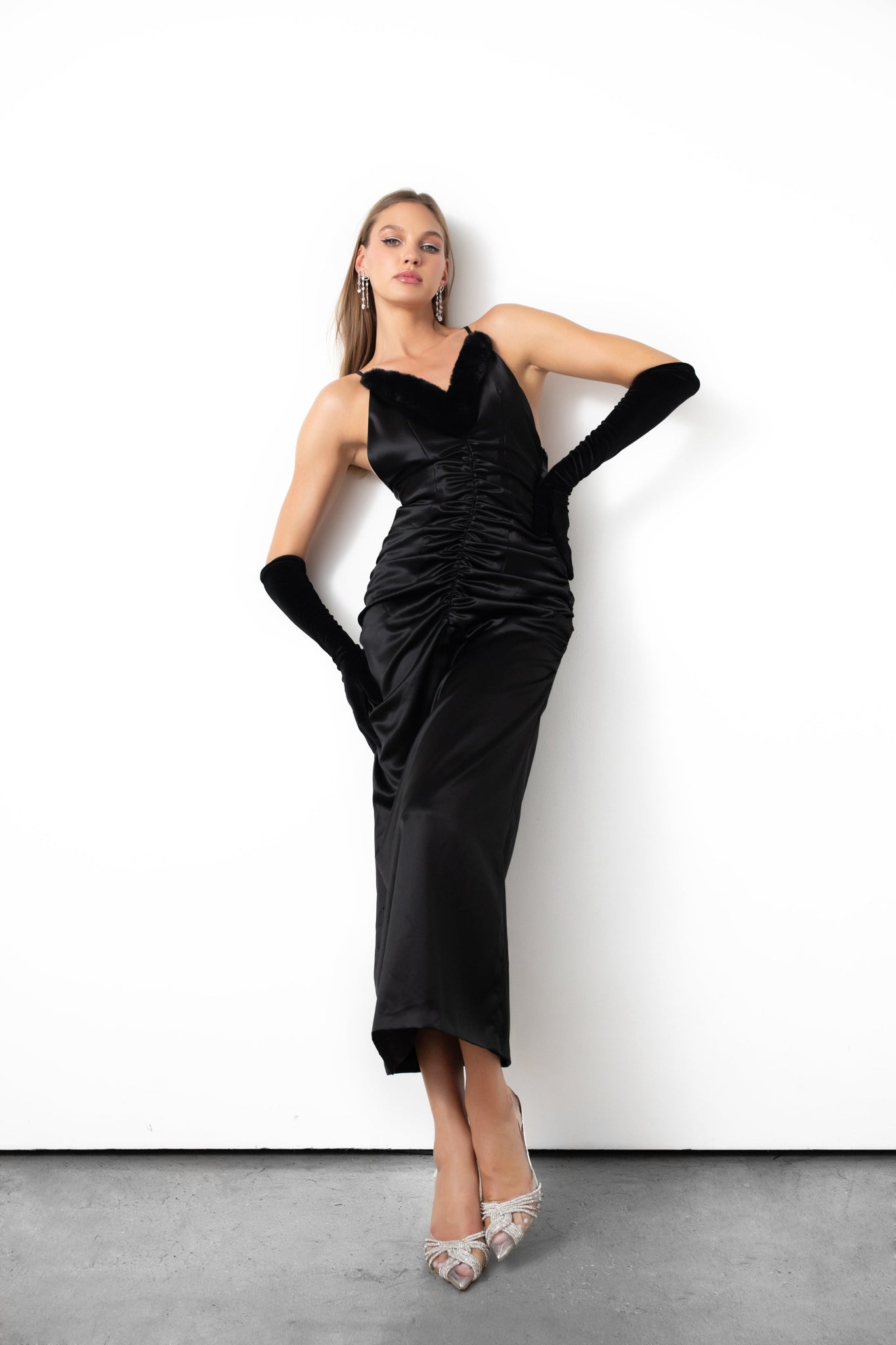 Mila Satin Faux Fur-Trimmed Dress - LEDAIR